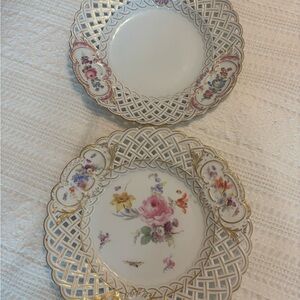 Meissen White Porcelain Reticulated Floral Plates with Pink and Gold